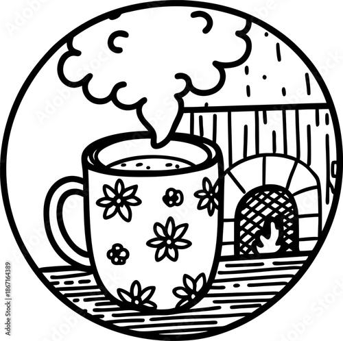 cozy floral mug with steam near a warm fireplace in a rustic wooden room