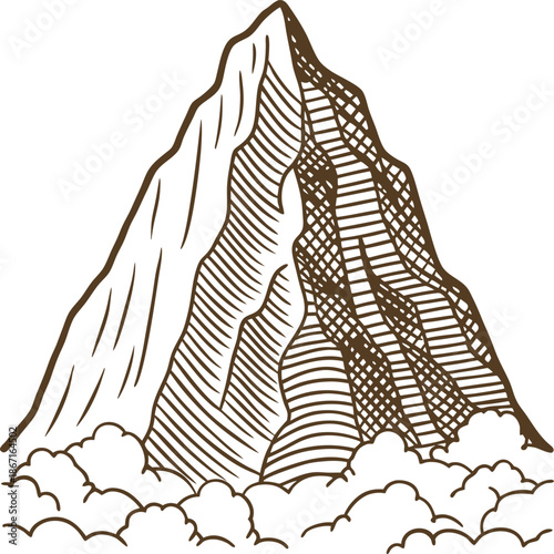 Mountain peak rising above clouds with detailed line art sketch