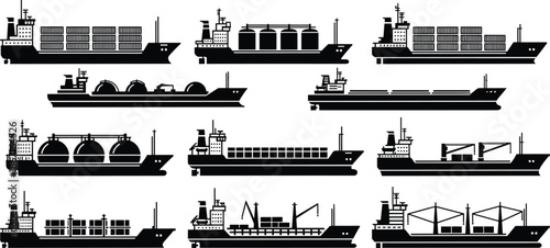 Set of twelve cargo ship silhouettes including tankers, container ships, and bulk carriers, ideal for logistics and maritime design.