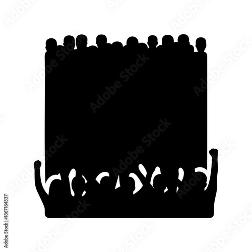 Silhouette image depicting a crowd of people in a dark, solid color