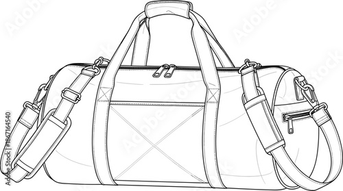 Detailed travel duffel bag line art illustration isolated on white background showing modern luggage design with shoulder strap