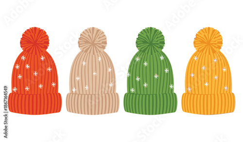 Colorful star patterned knit beanies in red, beige, green, and orange