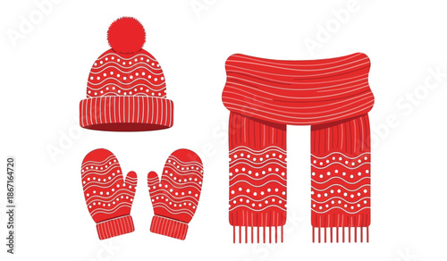 Red knit winter hat, scarf and mittens set