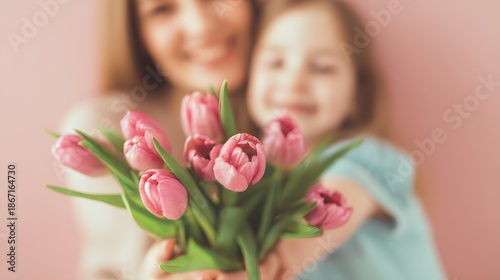 Close-up of daughter giving a bouquet of pink tulips to smiling mom, Soft Focus Background. Mother's Day concept. 8th March, womens day and emotional floral themes.