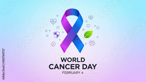 World cancer day awareness campaign with purple and blue ribbon symbol on gradient background with health icons with cancer awareness and purple ribbon