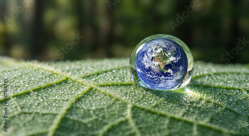 Water droplet on leaf with earth reflection
