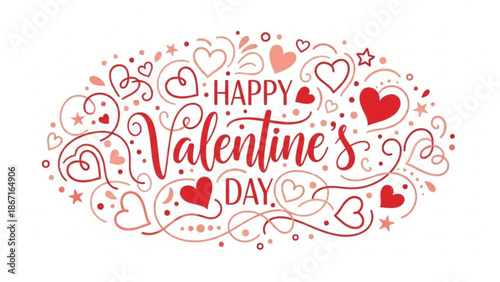 Happy valentines day greeting card with red hearts and swirly designs on white background for love and romance with valentine s day and isolated