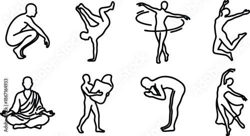 Set of line art illustrations of people in various yoga poses and dance movements in simple minimalist style