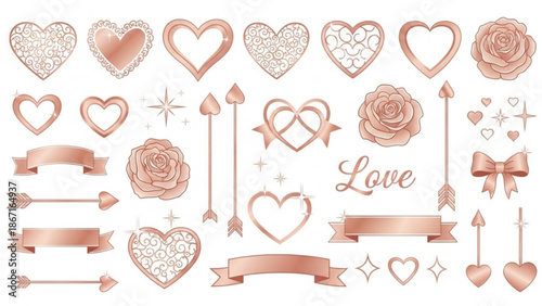 Rose gold heart and love themed graphic design elements with arrows roses and ribbons on white background for valentine's day or romantic occasions
