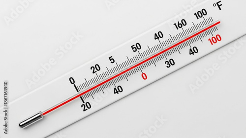Close up of a fahrenheit thermometer showing temperature scale with red mercury rising above 100 degrees on a white background with heat and weather