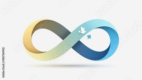 Infinity symbol with dove and arrow on gradient ribbon representing peace and unity in a stylized graphic design element with icon and illustration