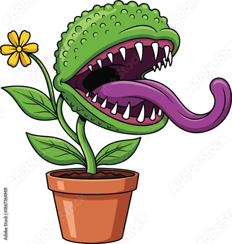 Cartoon carnivorous plant illustration with open mouth and tongue isolated on white background showing fantasy monster flower design