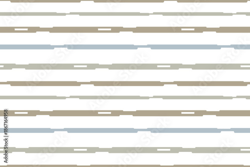 Minimalist seamless vector pattern of horizontal broken lines in taupe and muted blue, contemporary abstract geometric texture for modern branding and textiles.
