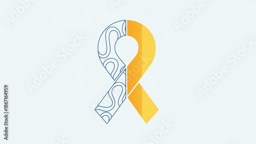 A ribbon symbol with a yellow side and a patterned side on a white background for awareness campaigns and support with icon and charity and hope