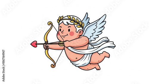 Chubby cherub with wings and laurel wreath aiming golden bow and arrow with heart shaped tip in a playful and romantic gesture with cupid and love