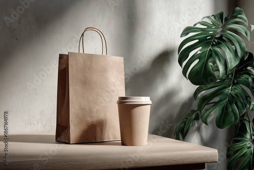 Blank brown paper bag mockup, standing with a coffee cup on a wooden table, next to a large monstera plant in soft dappled sunlight