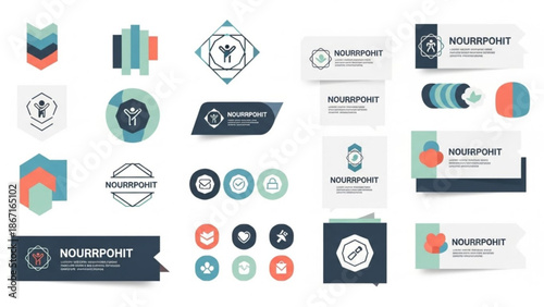 Collection of modern business logos and branding elements in various shapes and colors with graphic design and template and corporate and identity