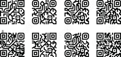 Set of eight black qr codes on white background for scanning and encoding information digitally