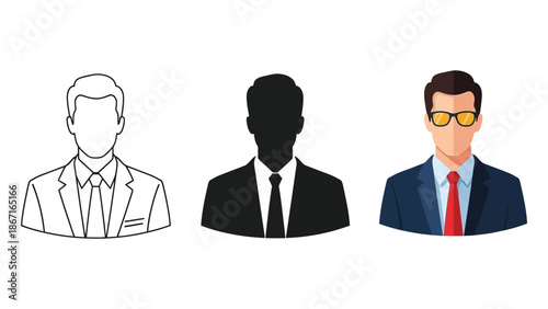 Set of three male business person avatars outline, silhouette and full color with glasses