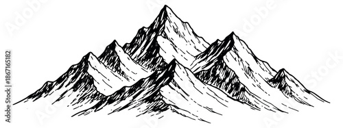 Hand drawn line art illustration of a mountain range depicting rugged peaks for outdoor themed designs