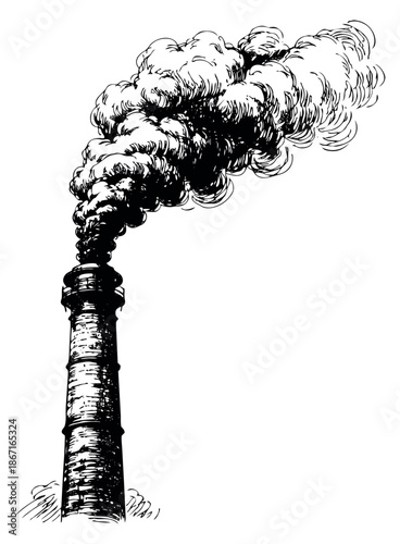 Hand drawn line art illustration of an industrial chimney depicting heavy smoke for environmental concepts