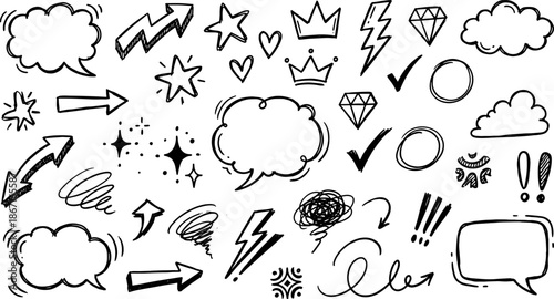 Whimsical Doodles: A collection of charming, hand-drawn elements including speech bubbles, stars, crowns, lightning bolts, and arrows, perfect for adding a playful touch to any design.