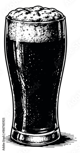 Hand drawn line art illustration of a pint of stout beer depicting frothy foam for a bar menu