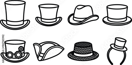 Various black and white illustrations of hats on plain white background for design use
