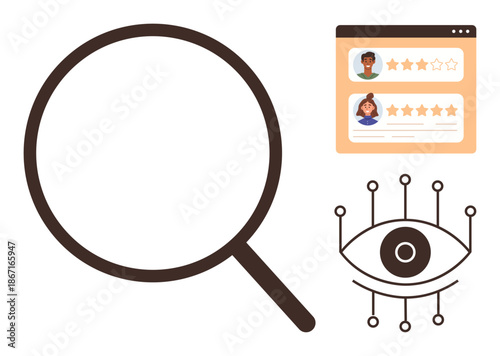 Online reputation, SEO, digital analytics, customer feedback, data analysis, search algorithms. Magnifying glass, user reviews and an abstract eye with connected nodes. Online reputation and SEO