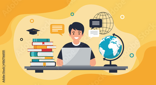 Smiling male student sitting at a desk with a laptop, surrounded by books, globes, and icons representing online education and learning.