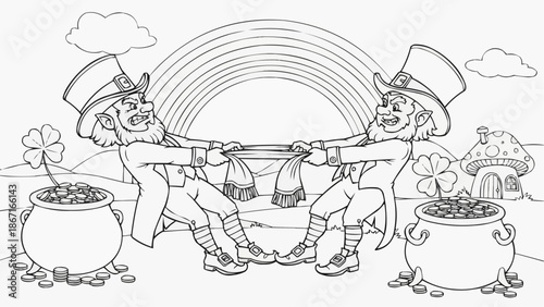 Children's coloring book - Leprechauns tug a scarf under a rainbow in a playful scene