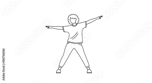 Simple black and white line art of a person with curly hair doing jumping jacks, showing a basic exercise for fitness and warm-up.