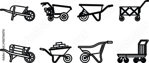 Various wheelbarrow and cart designs for construction and gardening purposes in simple black line art style on white background