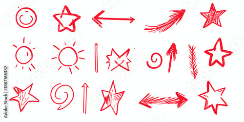 Hand drawn red doodle arrows stars swirls sunburst sparkle underline elements set with sketchy minimalist style vector illustration design