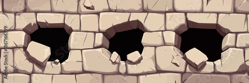 cartoon broken stone wall with three irregular holes cracked concrete blocks damaged brick texture grunge frame isolated vector illustration flat style freedom concept game background design