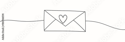 Minimalist continuous line drawing of envelope with heart symbol on flap simple love mail romantic message concept single black stroke vector illustration on white background