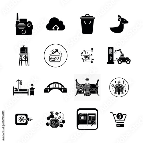 Ecology and Sustainable Green Energy Icon Set with Solar Panels, Wind Turbines, and Recycling Symbols for Environmental Awareness