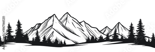 Hand-drawn black outline mountain landscape with pine trees and panoramic mountain range nature scenery vector illustration