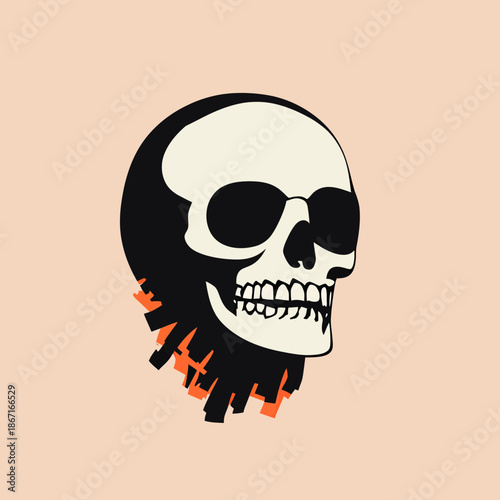 Minimalist flat vector illustration of a white skull with black shadows and orange city skyline silhouette integrated into the lower jaw and neck area on beige background