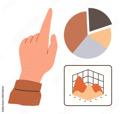 Data analysis, business insights, statistics, market research, decision-making, data visualization. Hand points to a pie chart and 3D graph. Data analysis and business insights concept