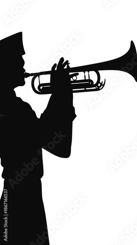 Silhouette of marching band musician playing trumpet in uniform flat minimalist vector black isolated music performance instrument concept illustration