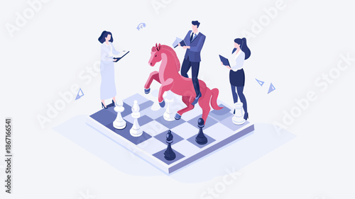 Business people strategizing on chessboard with giant red knight piece teamwork planning success concept flat vector illustration