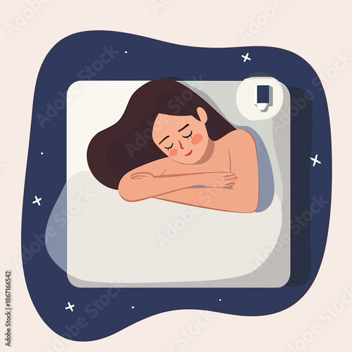 Minimalist flat vector illustration of peaceful woman sleeping on side in bed with dark hair and blush cheeks under white blanket with abstract dark blue background for relaxation concept