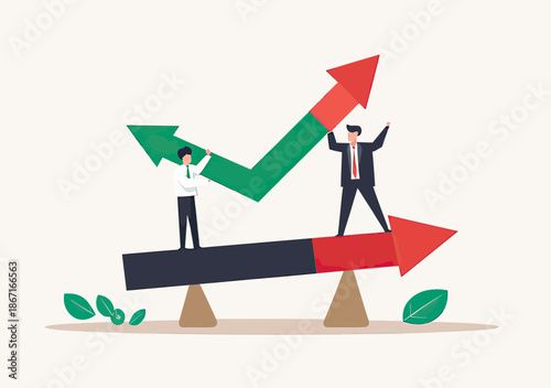 Business people balancing green upward arrow and red downward arrow on seesaw representing investment gain and loss financial concept flat vector illustration