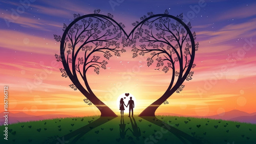 Romantic sunset scene with loving couple holding hands under heart shaped trees with love and silhouette and romance and relationship and nature