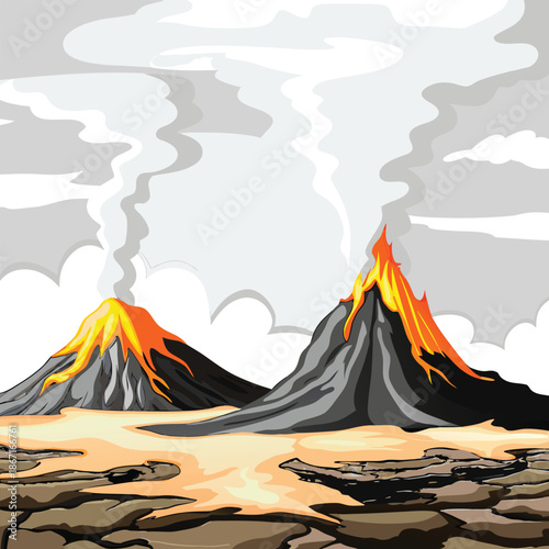 Active Volcano Eruption Landscape Illustration with Lava and Smoke