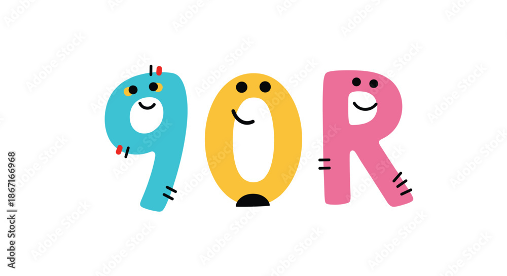Fototapeta premium Cute and colorful cartoon letters spelling '90R' or 'gOR', with adorable smiling faces and little arms and legs on each character.