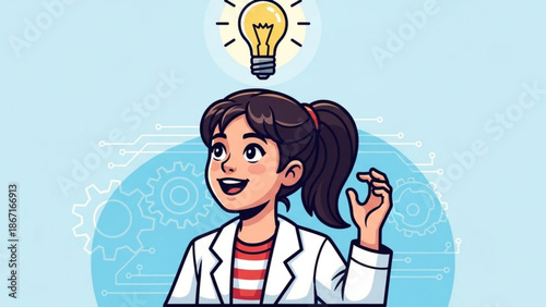 Young female scientist with a brilliant idea represented by a glowing lightbulb above her head in a cartoon illustration with innovation and creativity