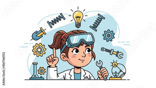 Female scientist cartoon character with goggles and lab equipment surrounded by innovation symbols and ideas with creativity and idea generation