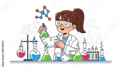 Young female scientist conducting chemistry experiment in laboratory with various colored liquids and equipment with science and young scientist